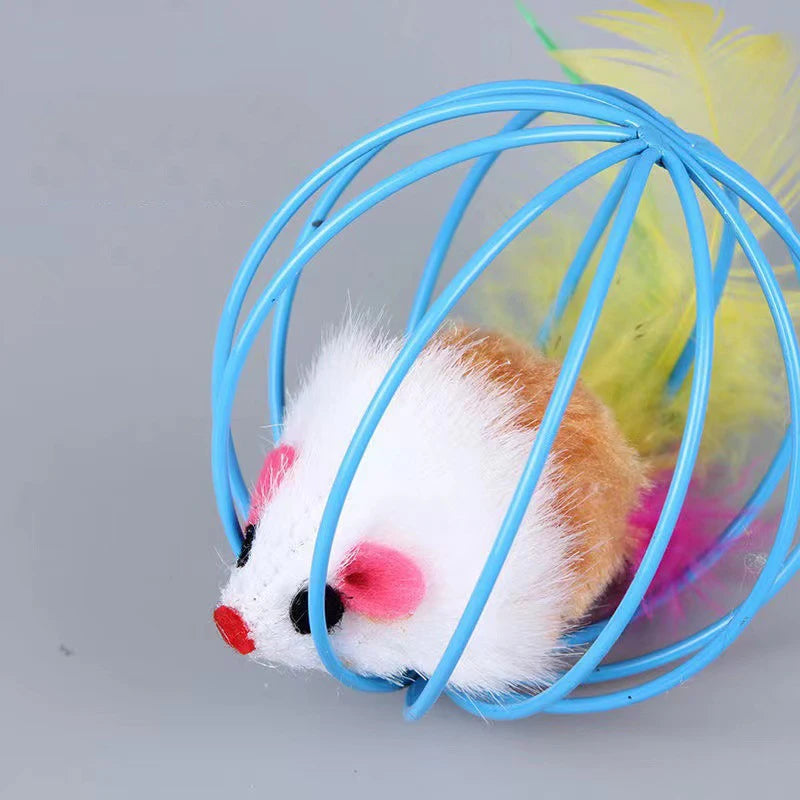 Cage Mice Ball Plush Simulation Colored Mouse Interactive Cat Toys Caged Mouse Ball Feather Wand Durable Plush Teaser