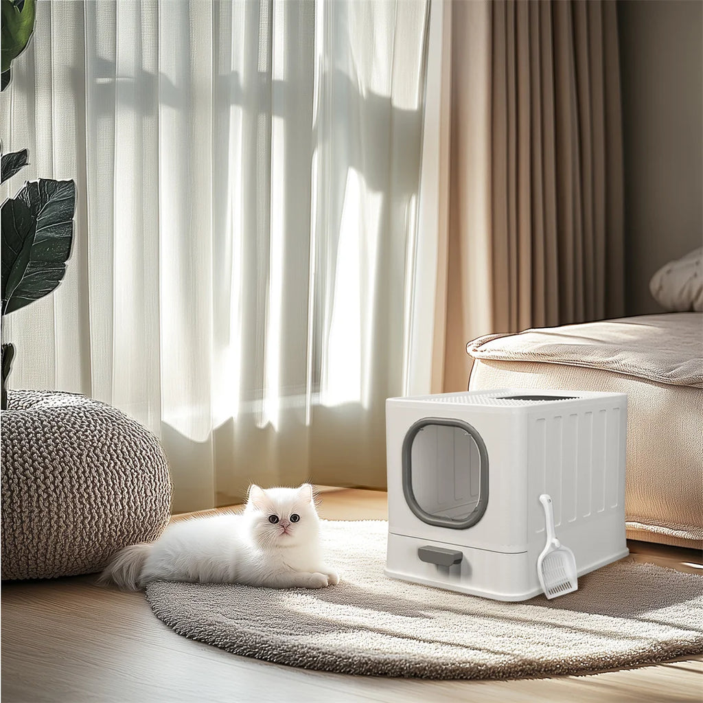 Cat Litter Box with Drawer,Enclosed Plastic Litter Box for Cat with Lid and Scoop,Front & Top Doors,Acrylic Window Little Box