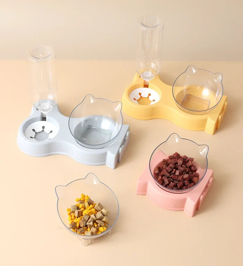 Pet Cat Food Bowl Automatic Feeder All-in-One Splice Dog Cat Food Bowl and Drinking Fountain Drinking Raised Standing Dish Bowl