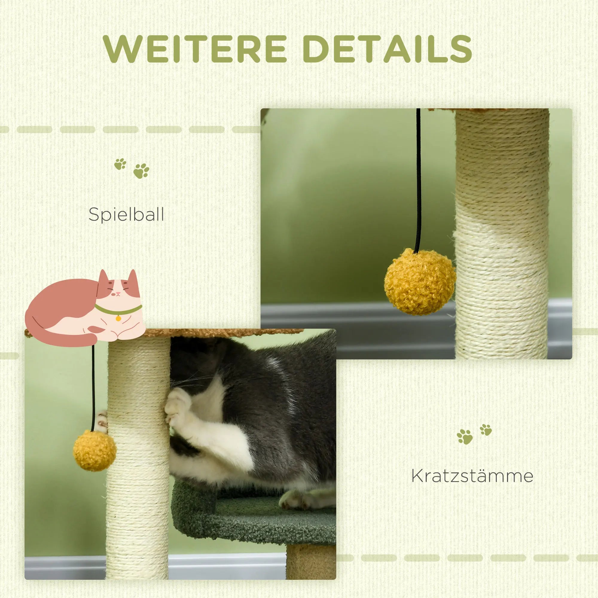 PawHut Scratching Post 52cm Cat Scratching Post Climbing Tree with 2 Levels, Sisal Play Ball