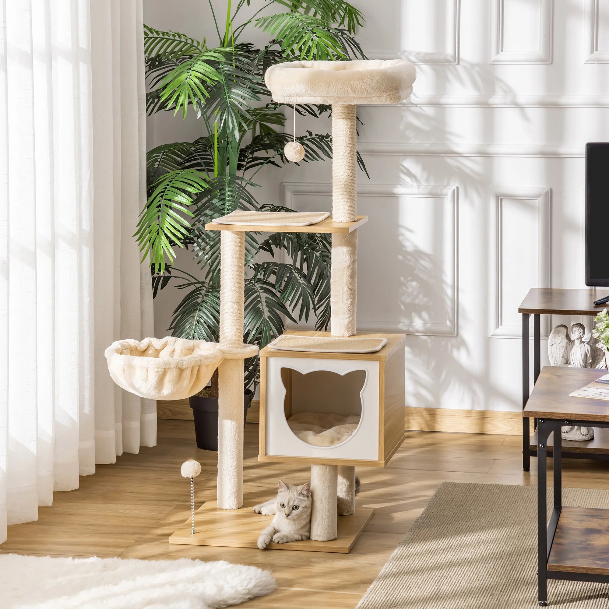 Pawhut Cat Scratching Tree with Platform Height 126 cm Hammock Shed