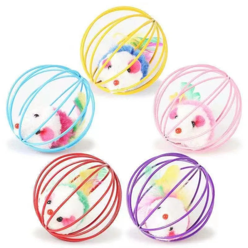 Cage Mice Ball Plush Simulation Colored Mouse Interactive Cat Toys Caged Mouse Ball Feather Wand Durable Plush Teaser