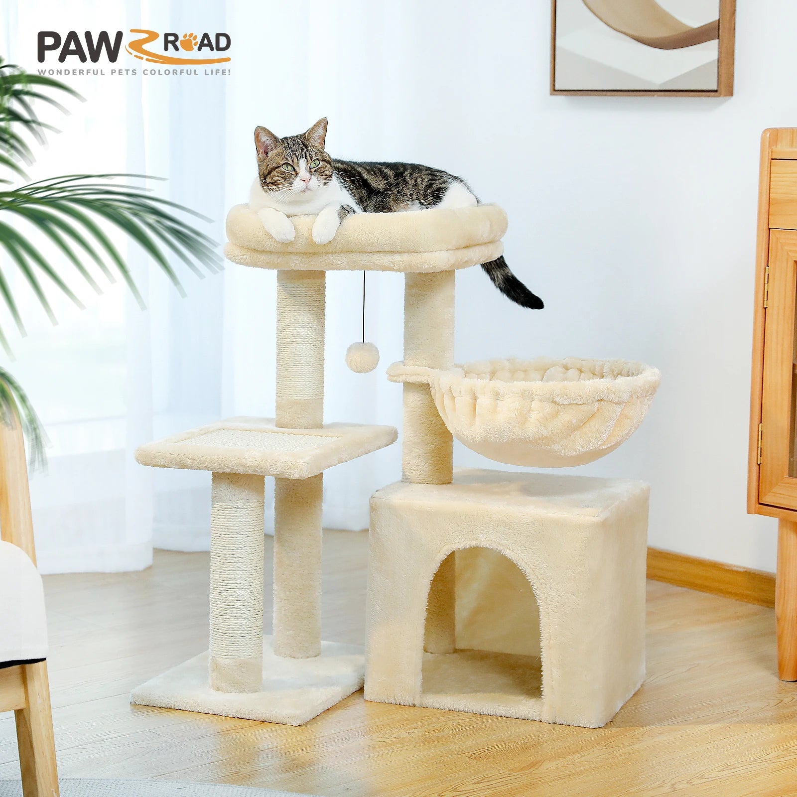 2 in 1 Cat Tree with Sisal Scratching Posts Cozy Condo Soft Hammock Removable Tope Perch Small Cat Tower for Indoor Cat Toys