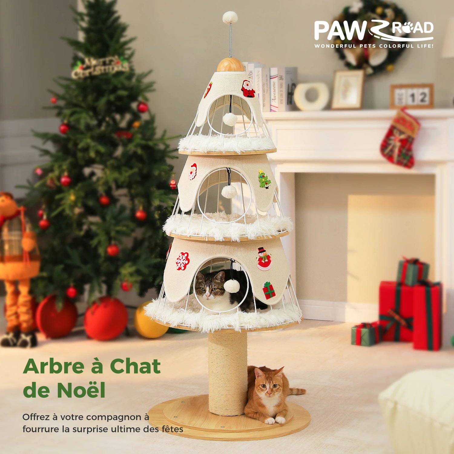 Christmas Festival Cat Tree Tower with 3 Cozy Condos,Sisal Scratching Posts,Cat House Bed Cat Furniture,Cat Accessories for Cats