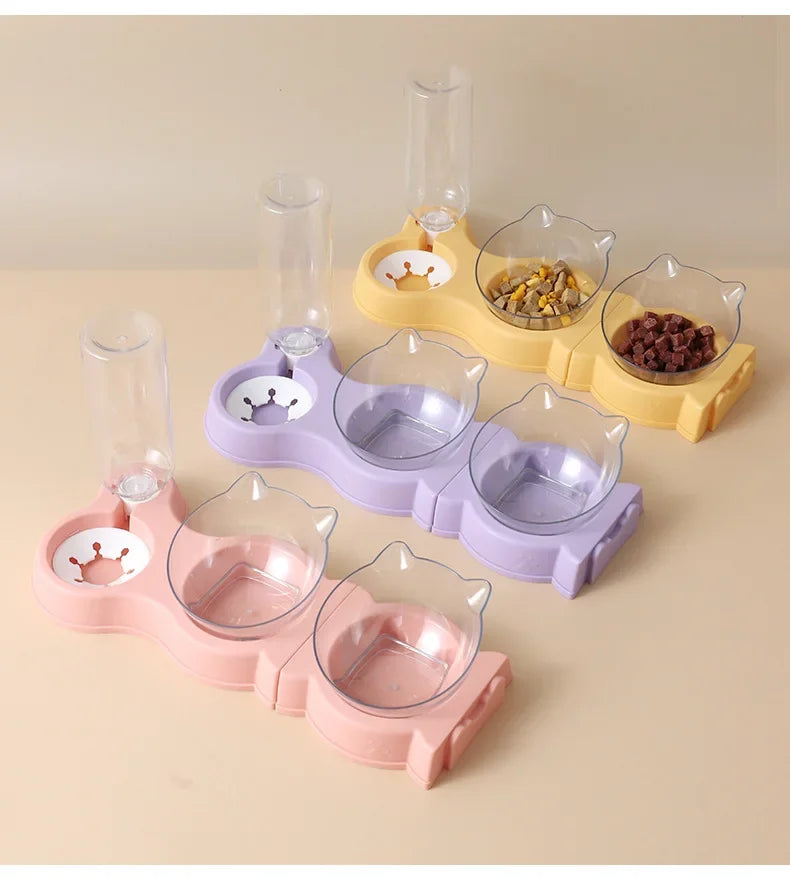 Pet Cat Food Bowl Automatic Feeder All-in-One Splice Dog Cat Food Bowl and Drinking Fountain Drinking Raised Standing Dish Bowl