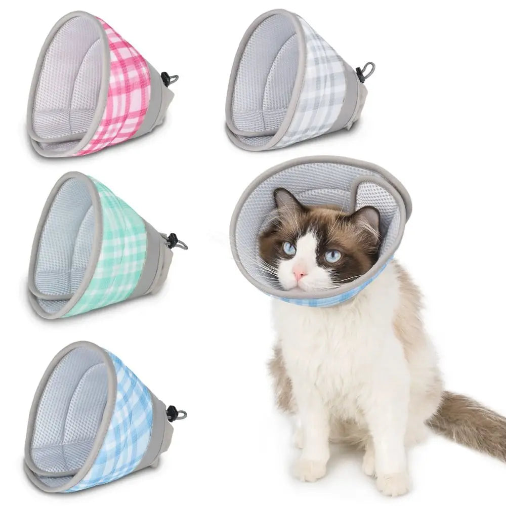 Plaid Pattern Pet Elizabeth Collar Breathable Material Adjustable Design Cat Elizabeth Circle Anti Scratch Anti Bite Protection