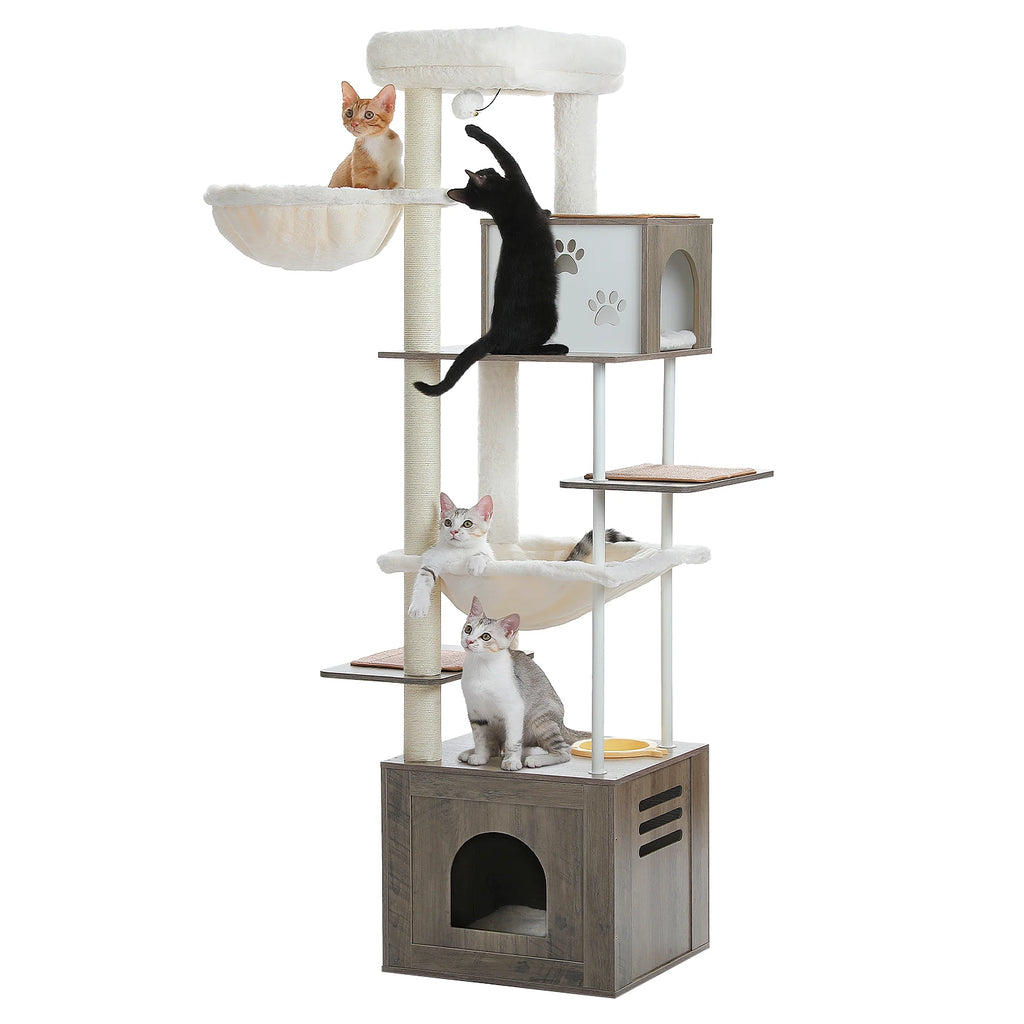 Wood Cat Tower with Extra Large Condos & Hammocks, Spacious Perch, Sisal Scratching Mat, 190 cm Large Cat Tree with Feeding Area