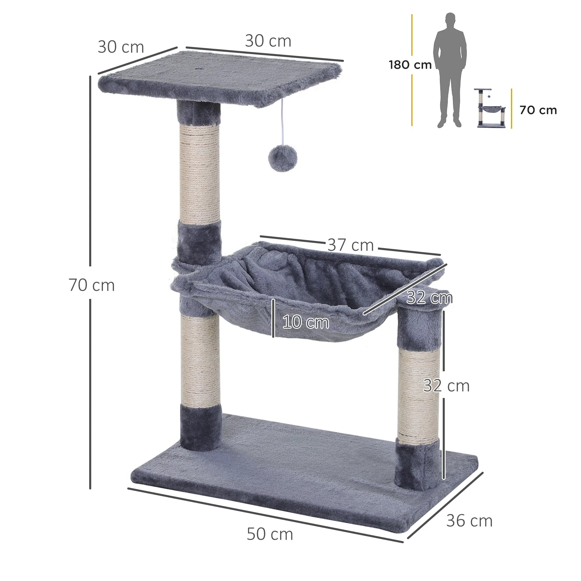 Pawhut Cat Scratching Tree Cat Tower 50X36X70 cm Activity Center with Hammock Platform Gray Sisal Posts