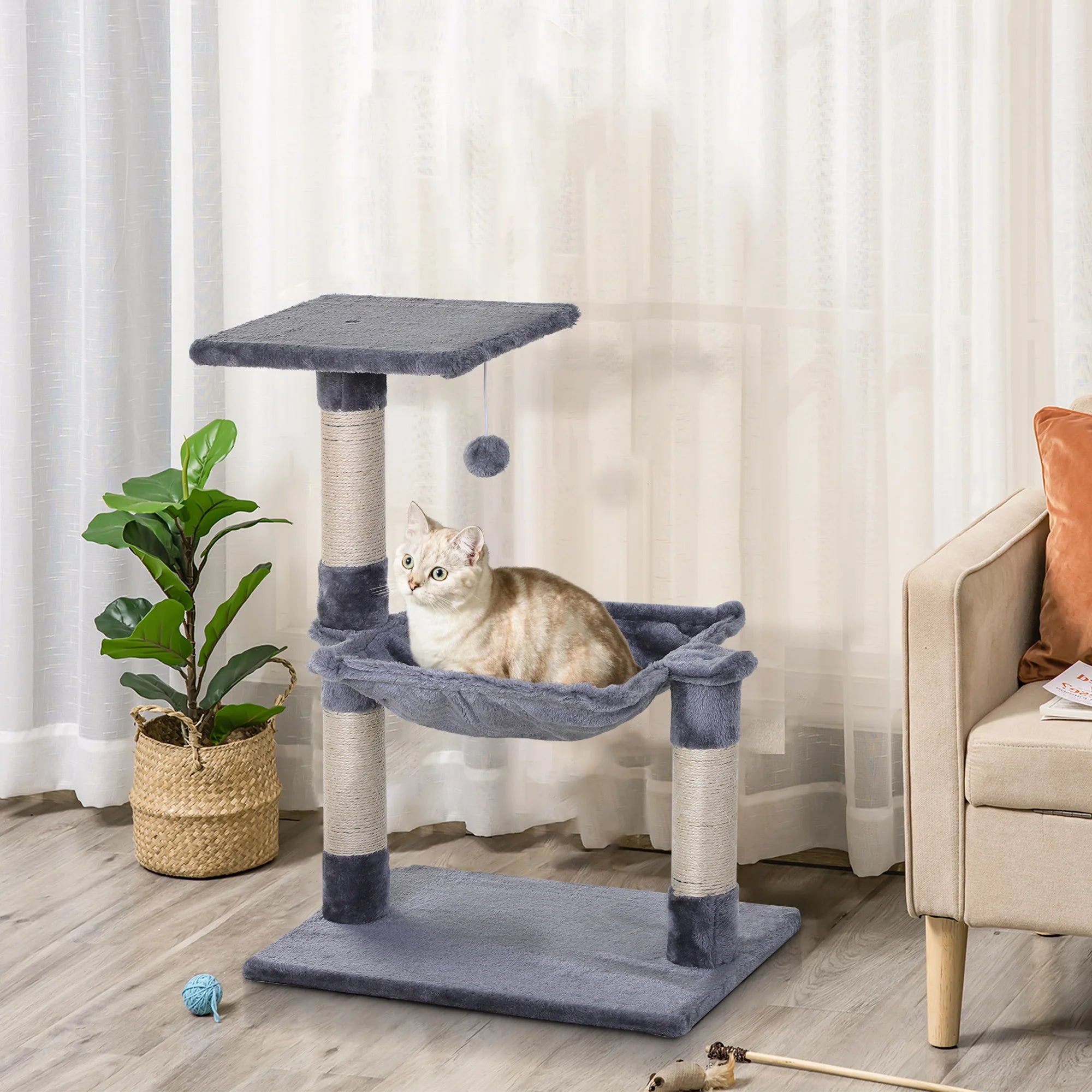 Pawhut Cat Scratching Tree Cat Tower 50X36X70 cm Activity Center with Hammock Platform Gray Sisal Posts