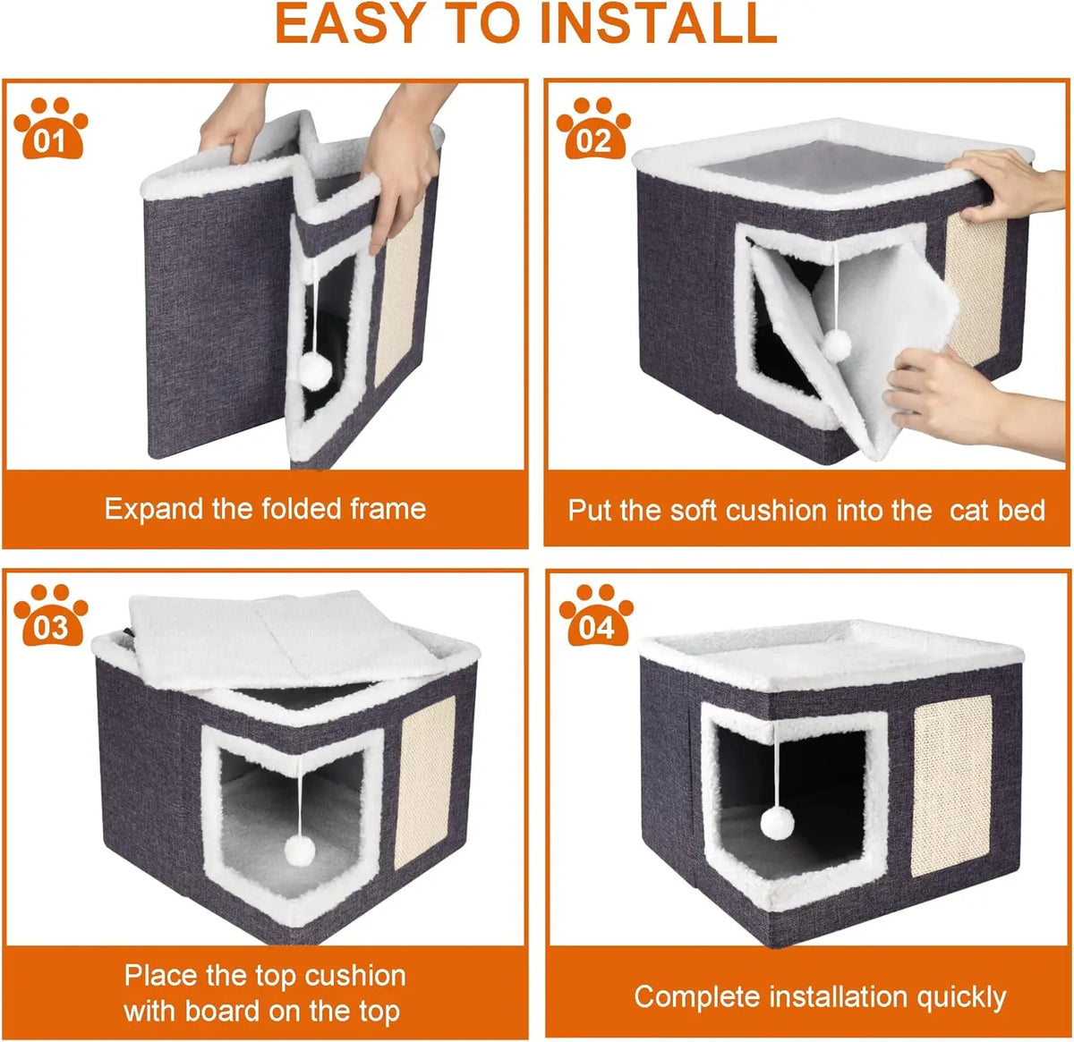 Cat Beds for Indoor Cats - Large Cat Cave for Pet Cat House with Fluffy Ball Hanging and Scratch Pad, Foldable Cat Hideaway