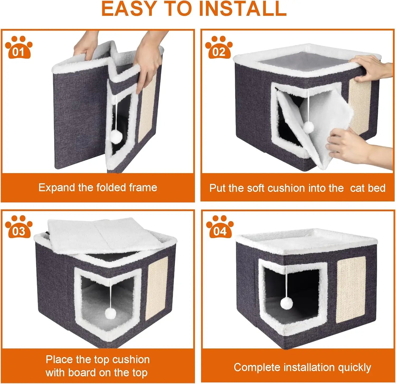Cat Beds for Indoor Cats - Large Cat Cave for Pet Cat House with Fluffy Ball Hanging and Scratch Pad, Foldable Cat Hideaway