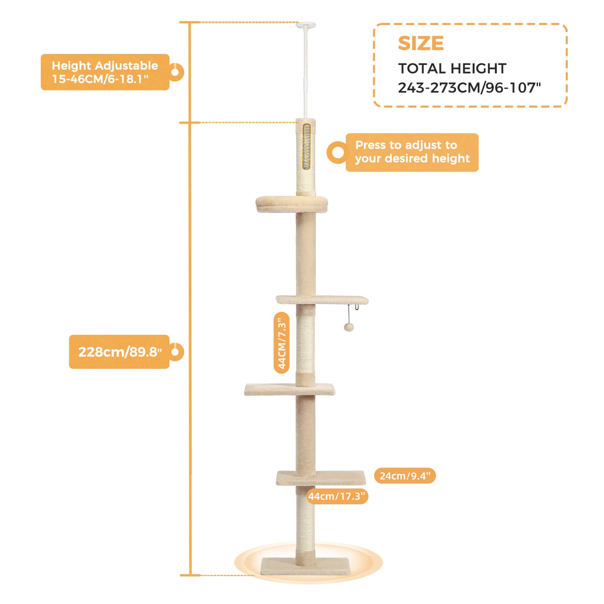 Adjustable Height Tall Cat Tree for Indoor Floor to Ceiling Cat Tower with Scratching Posts Cat Climbing Tree Scratcher Cat Toys