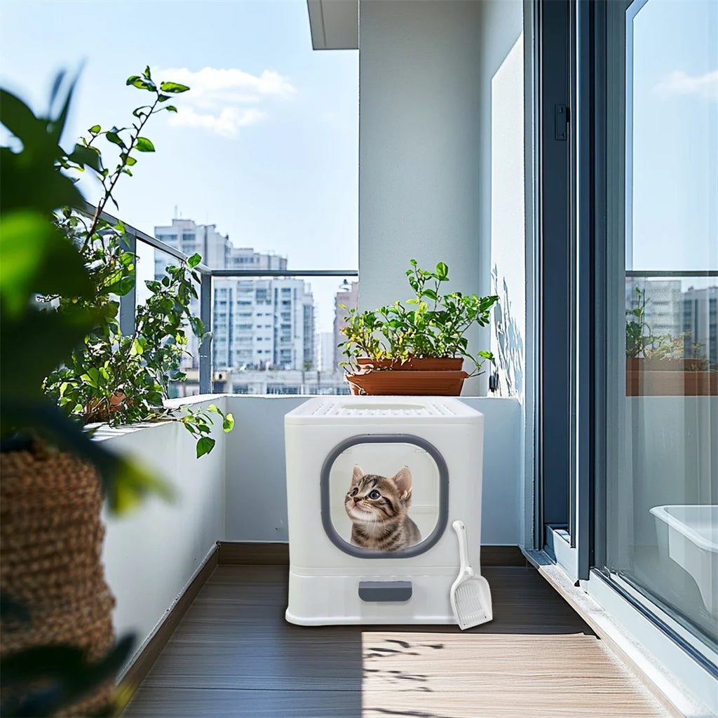 Cat Litter Box with Drawer,Enclosed Plastic Litter Box for Cat with Lid and Scoop,Front & Top Doors,Acrylic Window Little Box