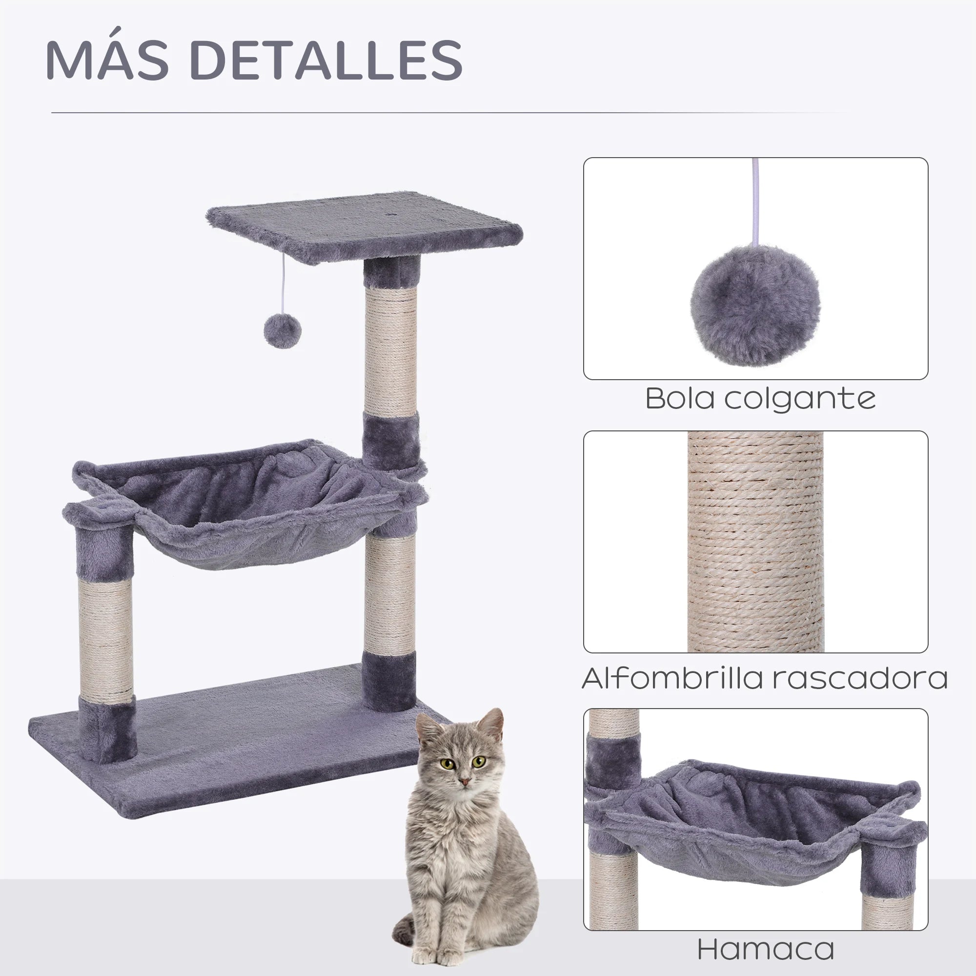 Pawhut Cat Scratching Tree Cat Tower 50X36X70 cm Activity Center with Hammock Platform Gray Sisal Posts