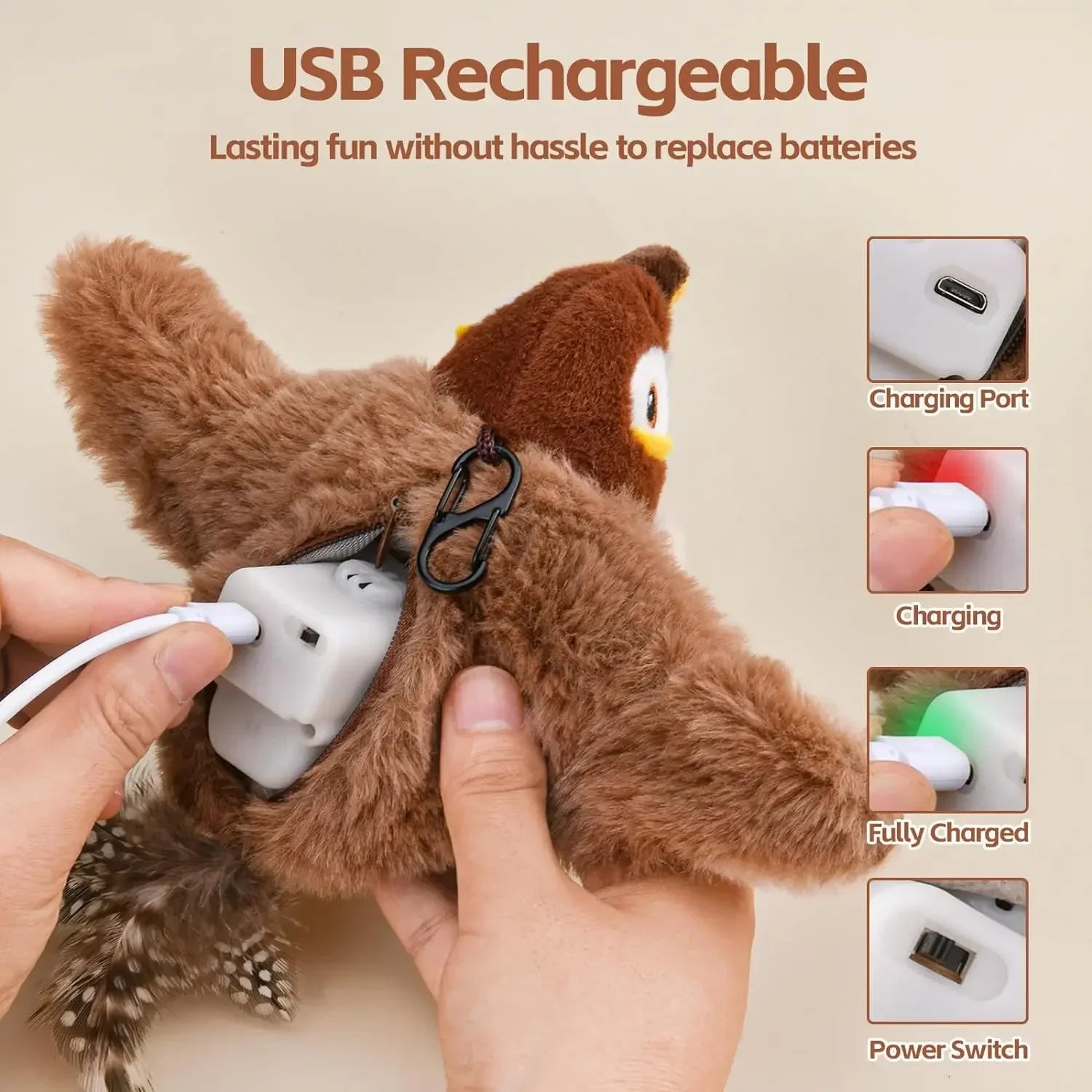 Flying Bird Cat Toy Interactive Cat Toys Rechargeable Chirping Flapping Bird(no Flying) Can Add Catnip Touch Activated Plush Toy