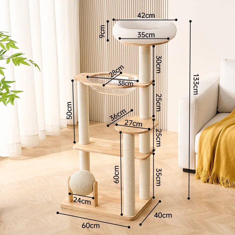 Compact Solid Wood Cat Tower with Scratching Post And Perch Cozy Space Saving Cat House for Home