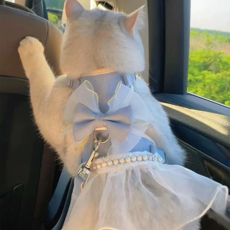 Cute Bowknot Pet Harness Leash Princess Cat Dress Costumes Nylon Kittten Dress Puppy Harness For Rabbit Teddy Cats Clothes