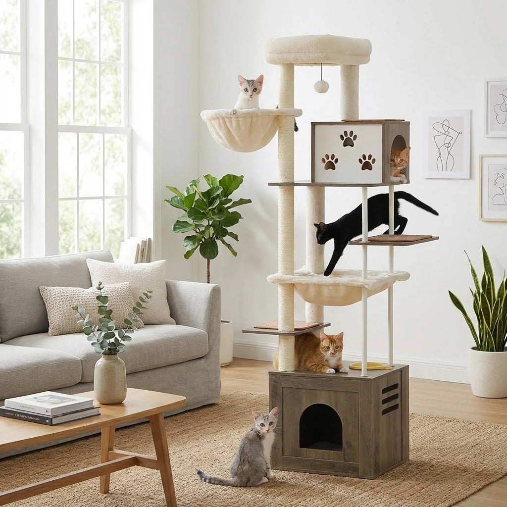 Wood Cat Tower with Extra Large Condos & Hammocks, Spacious Perch, Sisal Scratching Mat, 190 cm Large Cat Tree with Feeding Area