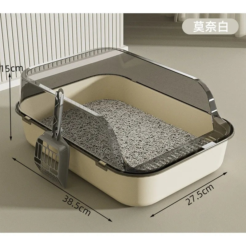Semi Covered Cat Litter Box Plastic Anti Tracking Pet Toilet with Removable Scoop for Odor Control