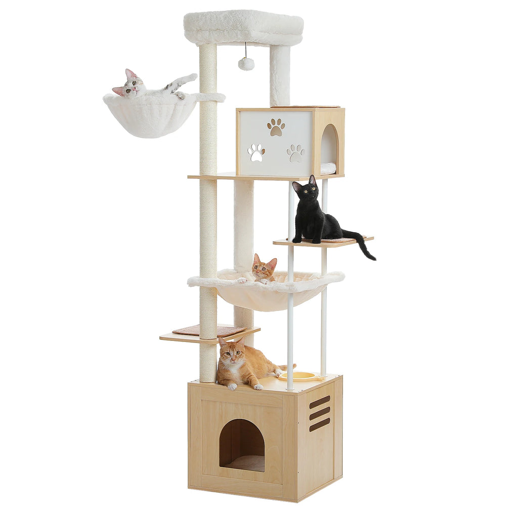 Wood Cat Tower with Extra Large Condos & Hammocks, Spacious Perch, Sisal Scratching Mat, 190 cm Large Cat Tree with Feeding Area