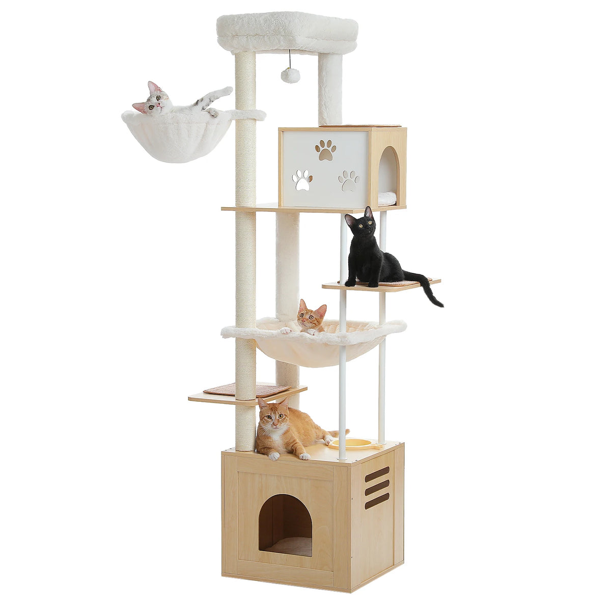 Wood Cat Tower with Extra Large Condos & Hammocks, Spacious Perch, Sisal Scratching Mat, 190 cm Large Cat Tree with Feeding Area