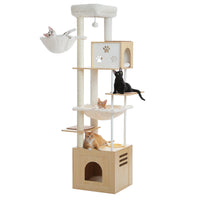 Wood Cat Tower with Extra Large Condos & Hammocks, Spacious Perch, Sisal Scratching Mat, 190 cm Large Cat Tree with Feeding Area