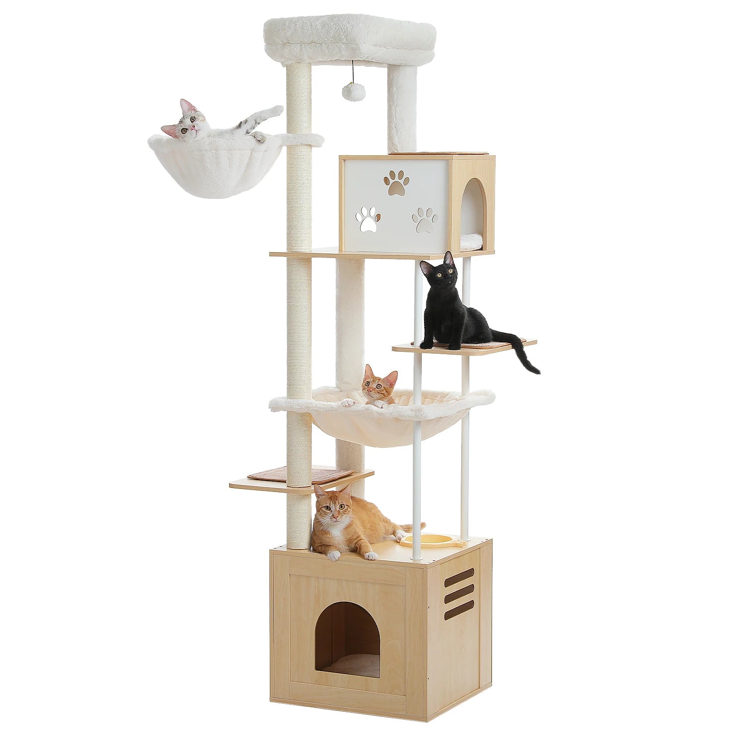 Wood Cat Tower with Extra Large Condos & Hammocks, Spacious Perch, Sisal Scratching Mat, 190 cm Large Cat Tree with Feeding Area