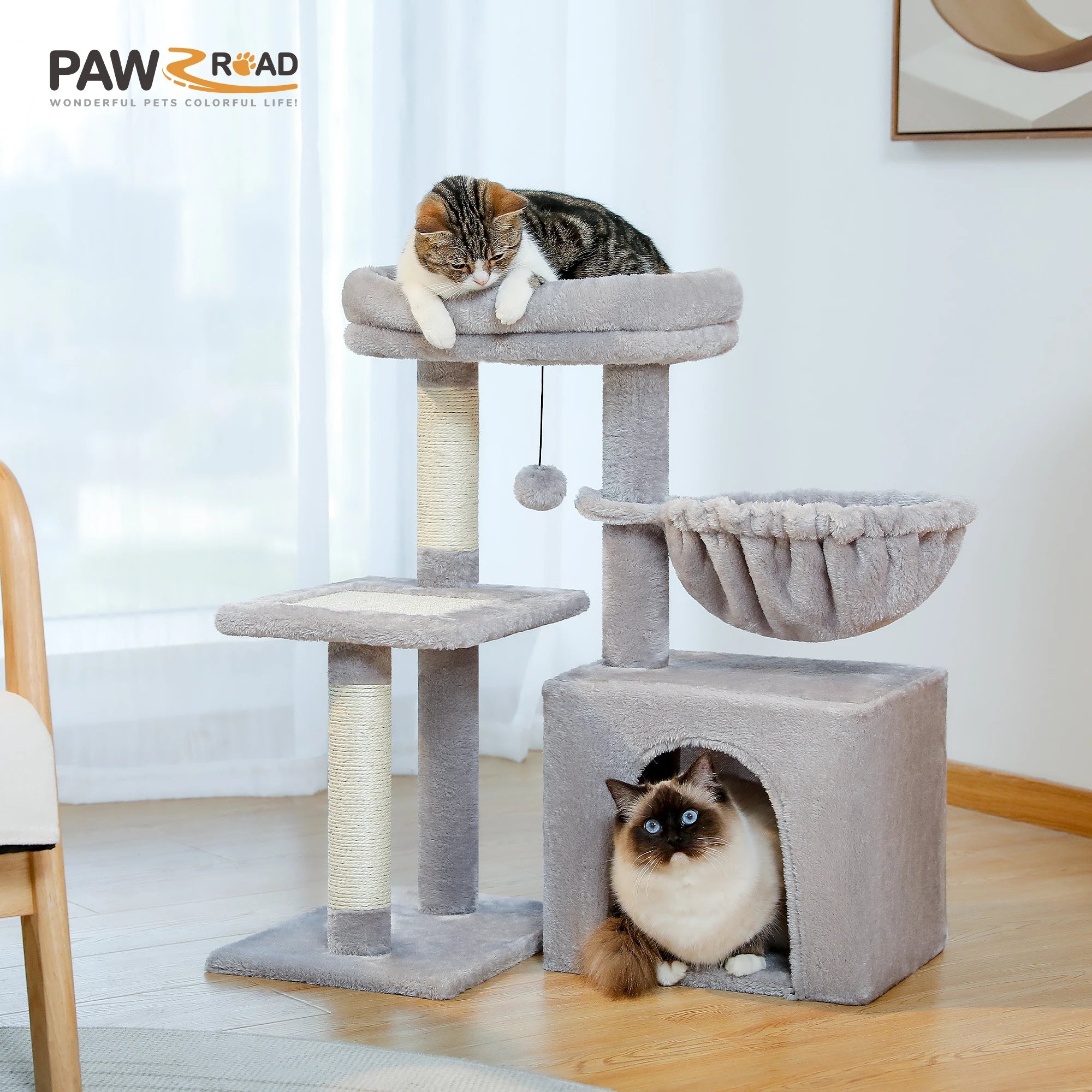 2 in 1 Cat Tree with Sisal Scratching Posts Cozy Condo Soft Hammock Removable Tope Perch Small Cat Tower for Indoor Cat Toys