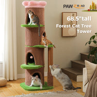 Wood Cat Tree with Cozy Condos Natural Scratching Posts Flower Perch Modern Cat Tower for Indoor Multi-Level Cat House Cat Toys