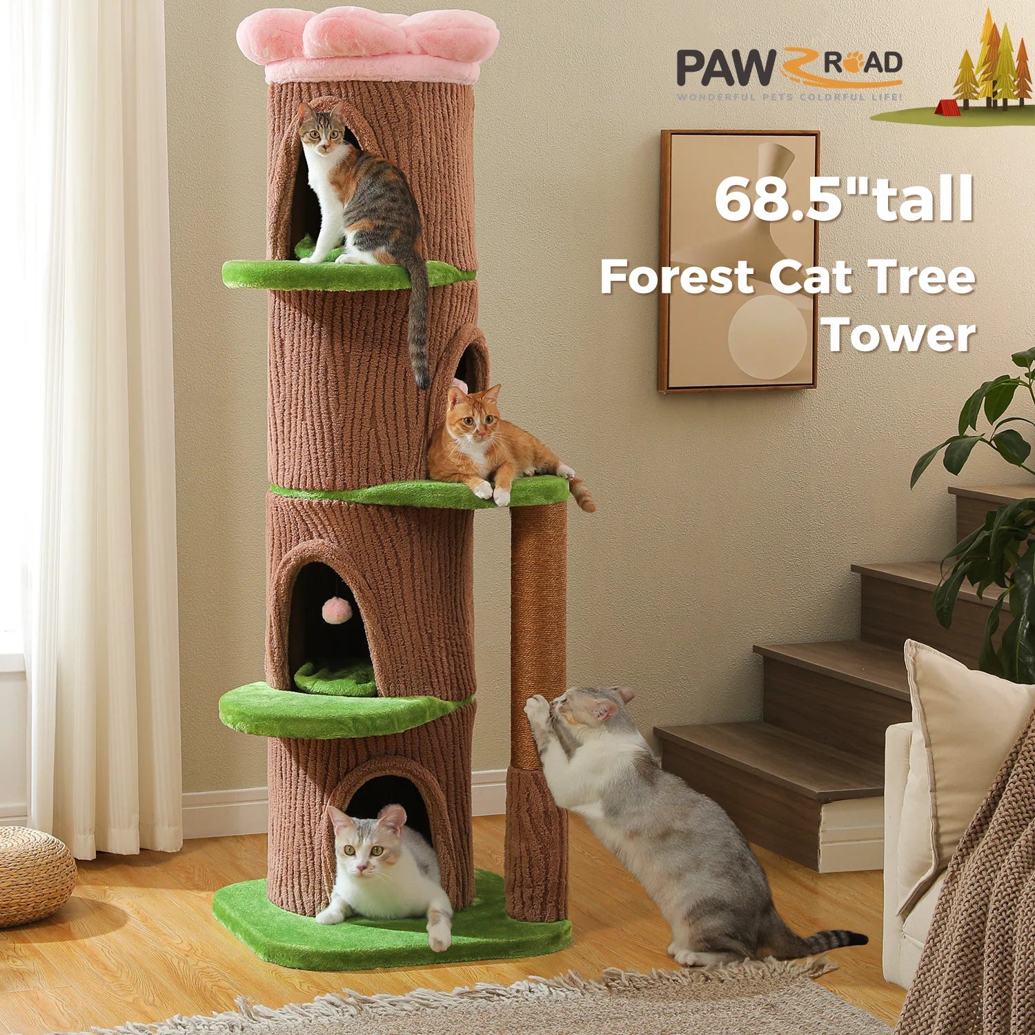 Wood Cat Tree with Cozy Condos Natural Scratching Posts Flower Perch Modern Cat Tower for Indoor Multi-Level Cat House Cat Toys
