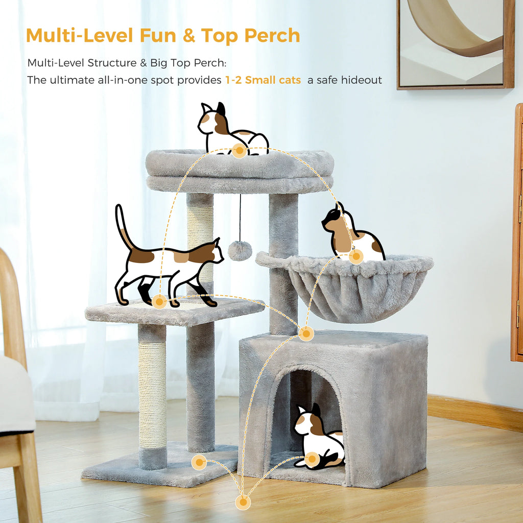 2 in 1 Cat Tree with Sisal Scratching Posts Cozy Condo Soft Hammock Removable Tope Perch Small Cat Tower for Indoor Cat Toys