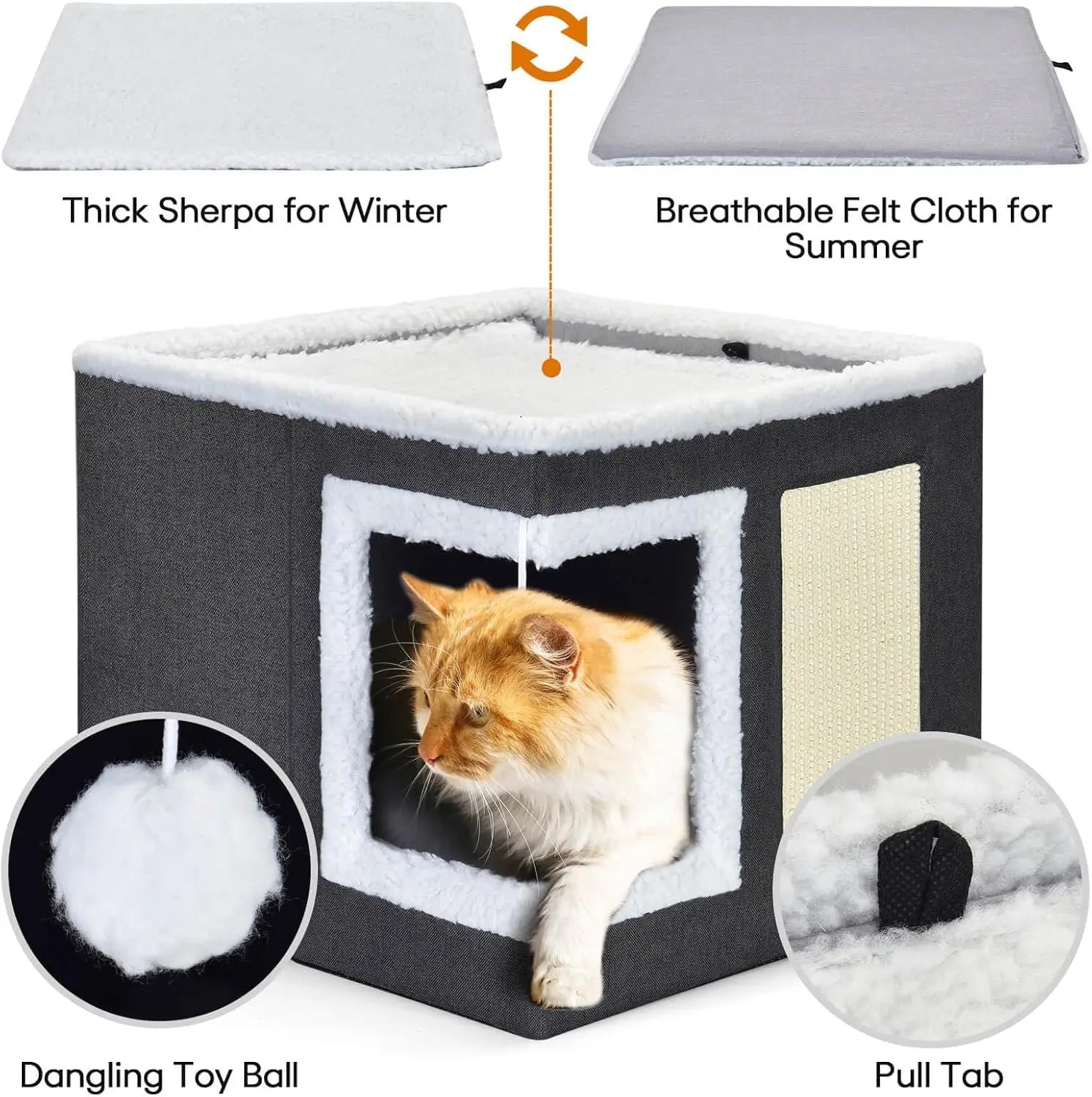 Cat Beds for Indoor Cats - Large Cat Cave for Pet Cat House with Fluffy Ball Hanging and Scratch Pad, Foldable Cat Hideaway