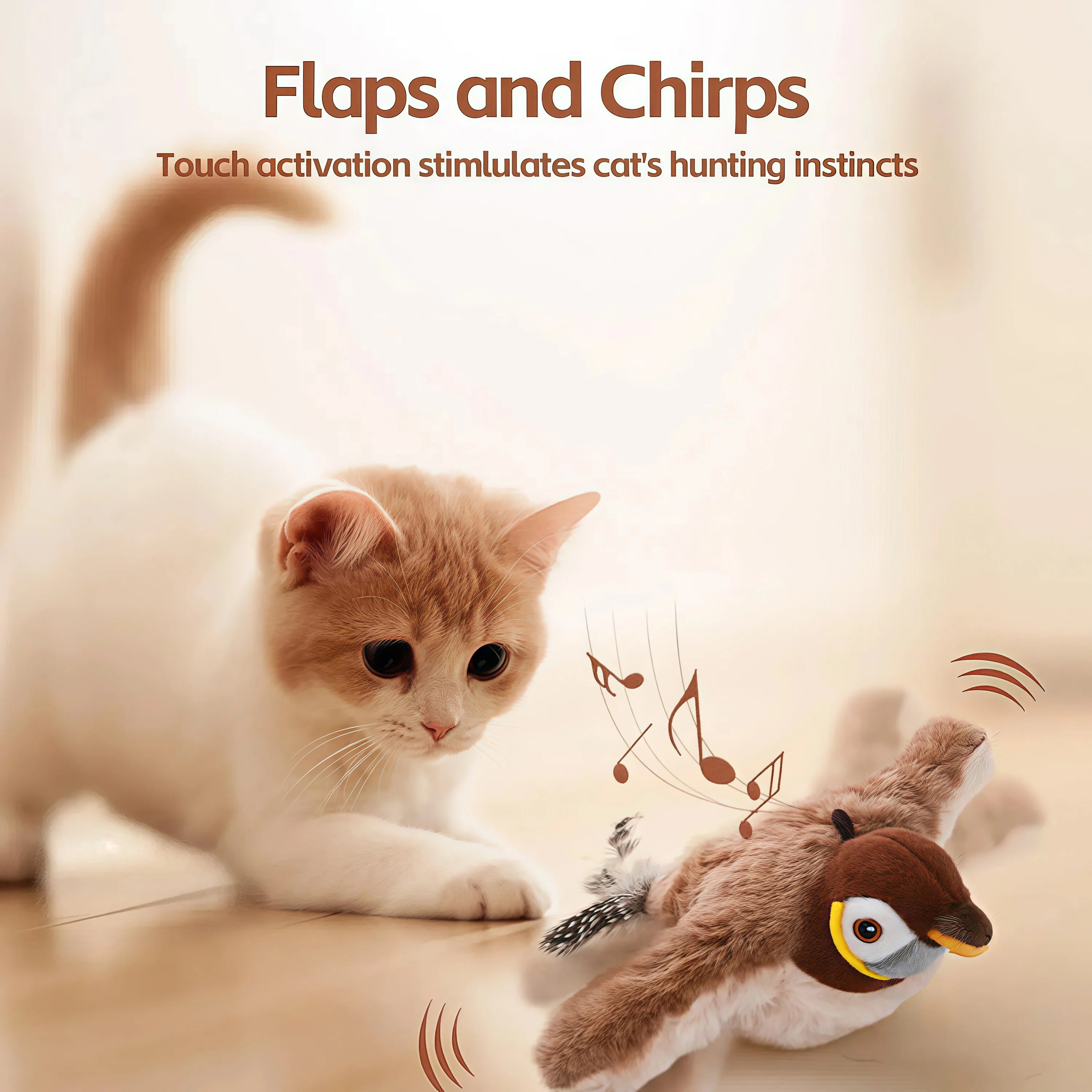 Flying Bird Cat Toy Interactive Cat Toys Rechargeable Chirping Flapping Bird(no Flying) Can Add Catnip Touch Activated Plush Toy