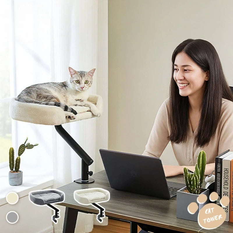 Adjustable Desktop Cats Shelf Rotating Plush Cat Bed Space-Saving Cat Hammock for Desk Multi-Functional Pet Climbing Bed