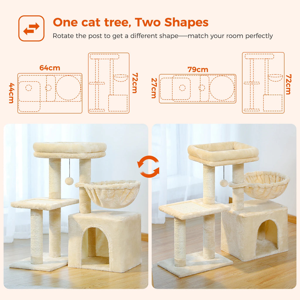 2 in 1 Cat Tree with Sisal Scratching Posts Cozy Condo Soft Hammock Removable Tope Perch Small Cat Tower for Indoor Cat Toys