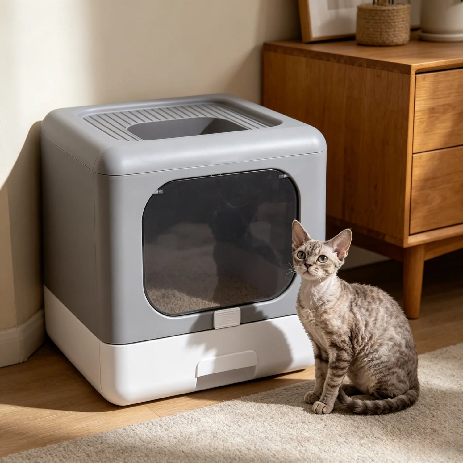 Cat Litter Box with Scoop and Tray Sifting Enclosed Foldable Kitten Toilet Detachable Poop Top Front Entry Pet Supplies