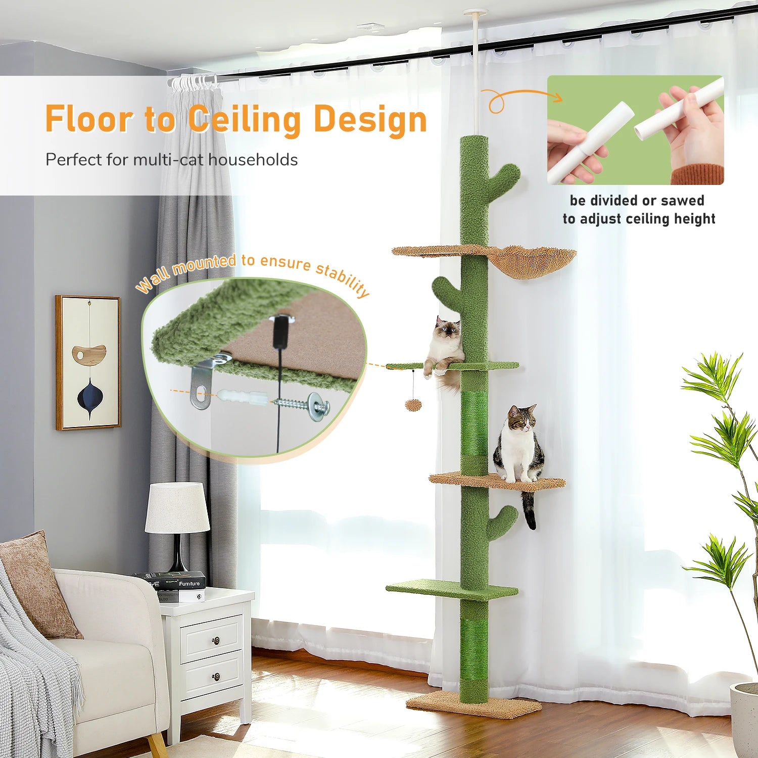 Adjustable Height Cat Tree for Indoor, Floor to Ceiling Cat Tower with Scratching Posts, Cat Condo, Hammock and Dangling Balls