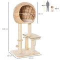 Scratching post with cat cave 100H cm cat bed for small cats with ball toy and sisal beige