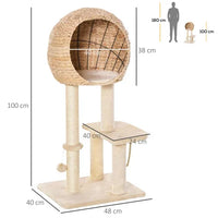 Scratching post with cat cave 100H cm cat bed for small cats with ball toy and sisal beige